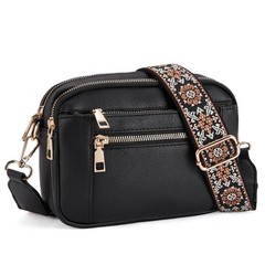Women’s Triple-Zipper Shoulder Bag | Floral Embroidered Straps, Colorblock Cross