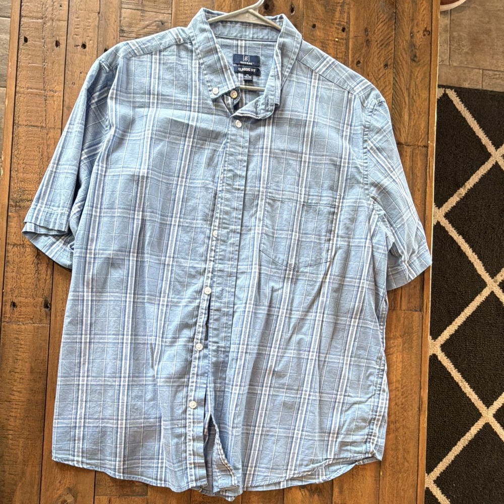 George Men’s Classic Fit Blue Plaid Short Sleeve Button-Down Shirt Pockets XL