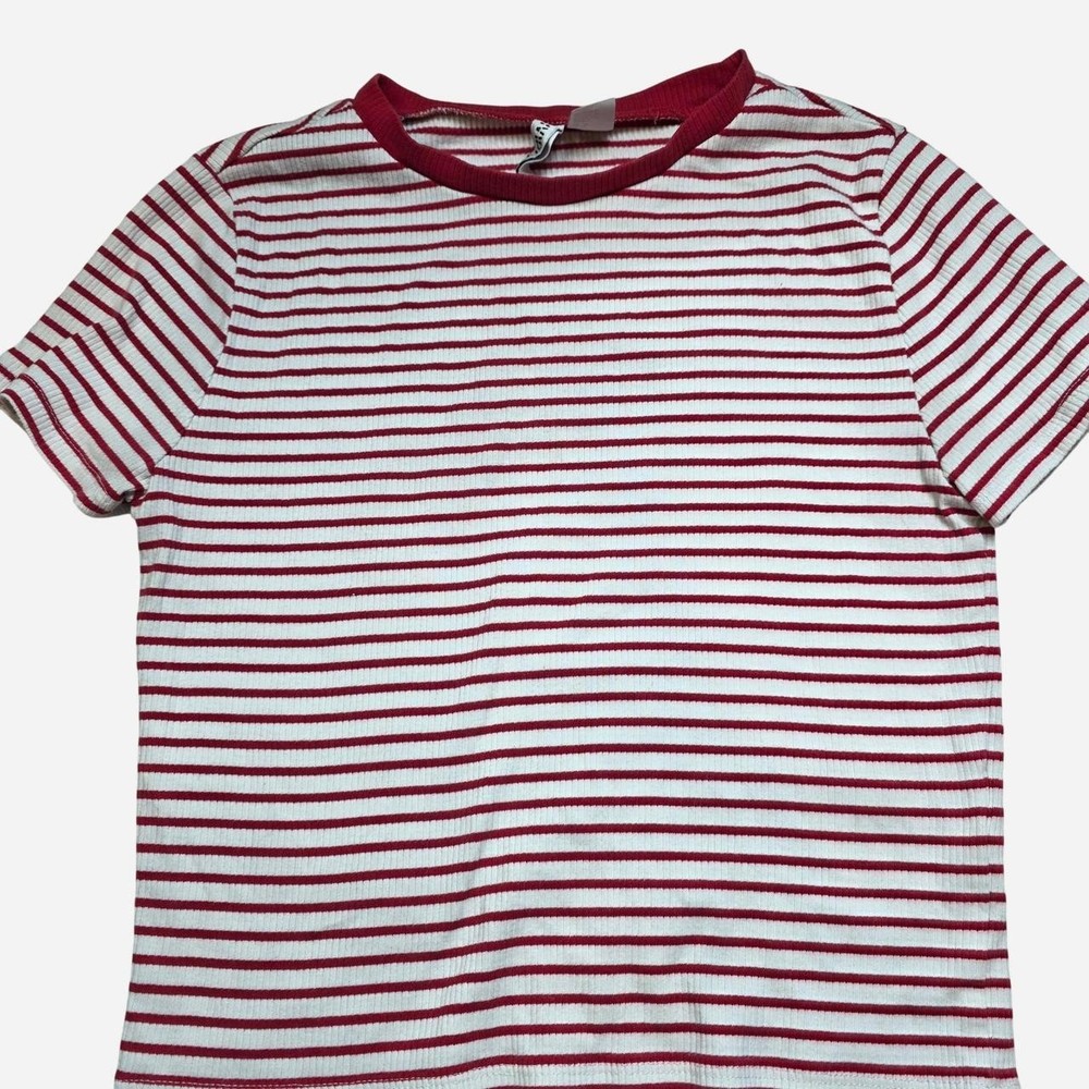 Divided by H&M Red/White Striped Ribbed Knit Crew Neck Short Sleeve T-Shirt L