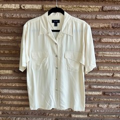 Silk House Blouse Vintage Ivory 100% Silk Loop Collar Size Medium