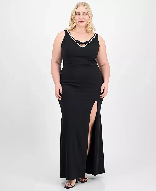 City Studio Trendy Plus Rhinestone-Trim V-Neck Sleeveless Gown Women’s 18W Black