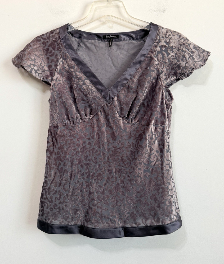 Daisy Fuentes Velvet Satin Lace Tee Top M Sheer Gray Y2K Festival Summer Party