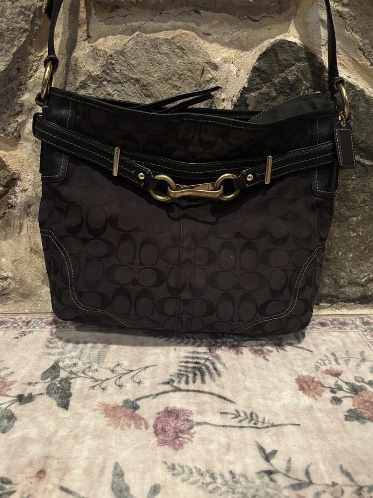 Coach Signature Black Logo Shoulder Bag Small w/ Zip, Pockets, Charm, Gold