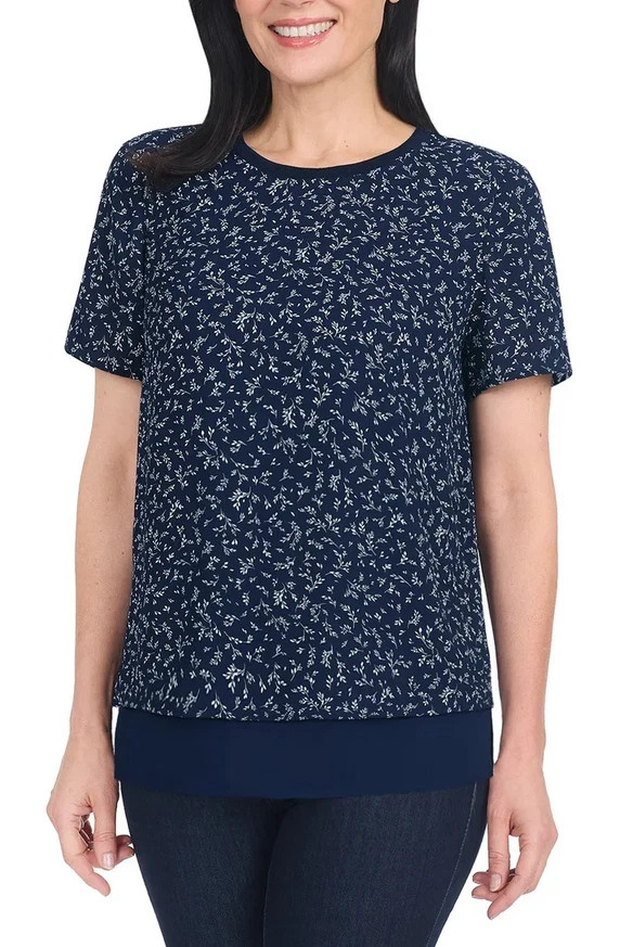 Hilary Radley Women’s Short Sleeve Double Layer Blouse, Navy Combo, Size S