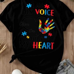 Autism Puzzle Handprint I Am His Voice He Is My Heart Mom Son T-Shirt