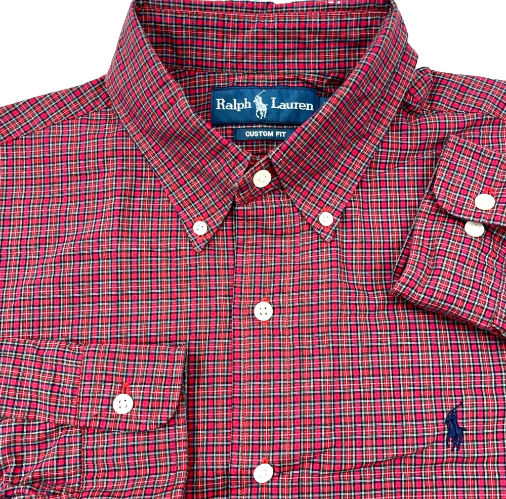 Ralph Lauren Shirt Men 15.5 34 Red Blue Button Up Custom Fit Plaid Dress Poplin