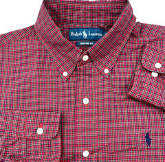 Ralph Lauren Shirt Men 15.5 34 Red Blue Button Up Custom Fit Plaid Dress Poplin