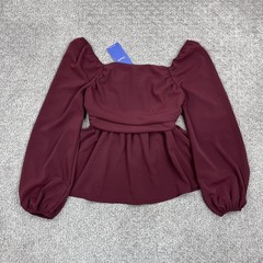 Floerns Top Womens Small Square Neck Smocked Peplum Balloon Sleeve Burgundy Red