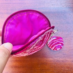 Handmade Pink Crochet Spiral Coin Purse Boho Zipper Pouch with Mini Charm Charm