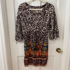 Uncle Frank dress Sz S Boho Hippie Mixed Print Bell sleeve Brown Orange Fall