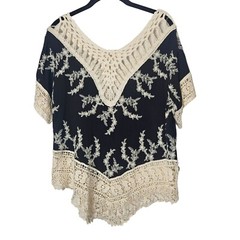 Solitaire Womens Black Cream Crochet Lace Blouse Rayon Cotton Hand Wash Only M