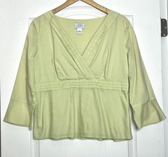 Vintage Ann Taylor Loft 100% Cotton 3/4 Sleeve Top Size 14 Yellow/Green Side Zip
