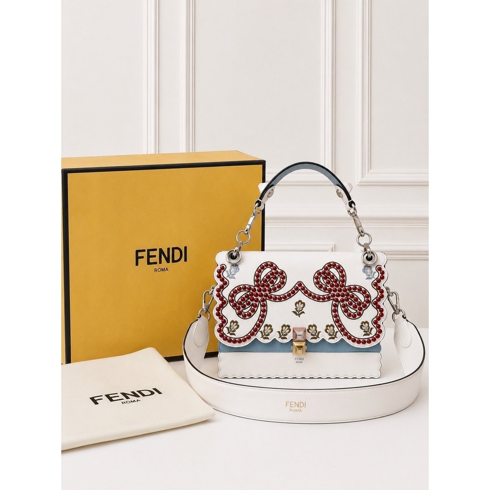 Fendi Kan I Scalloped Embroidered Leather Shoulder Bag White Multi-Color Studded
