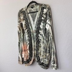 SPY Zone Exchange Large Embellished Ruffled Floral Print Open Front Cardigan Top