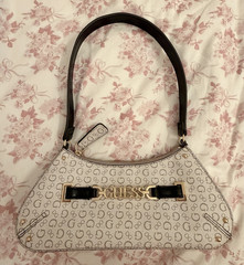 GUESS Women’s Beige Logo Shoulder Bag Black Strap Zip Lined Pockets Gold