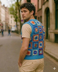 Handmade Crochet Square Men Vest Vintage Bohemian Sleeveless Sky Sweater