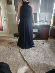 Carlyna Dark Navy Chiffon Halter Maxi Dress Small Sleeveless Ruffle Solid