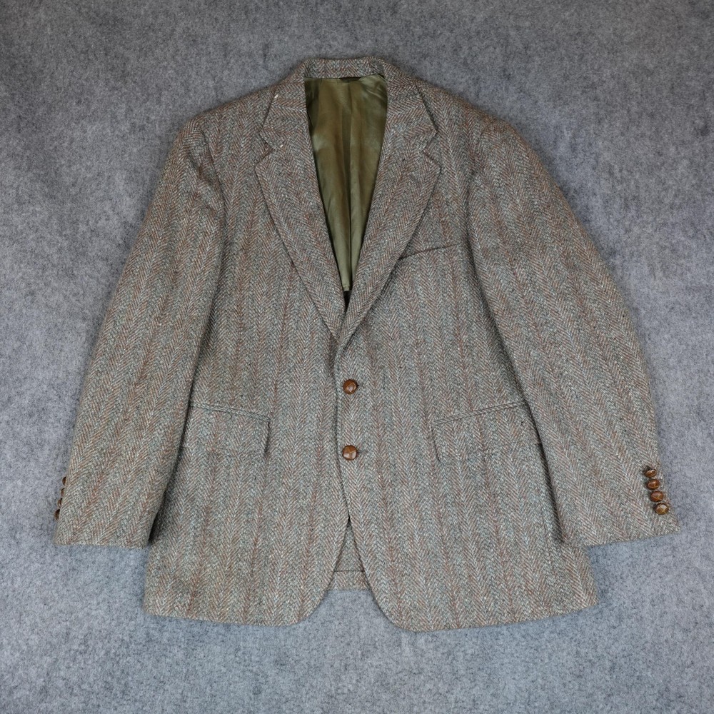 Vintage Harris Tweed Jacket Mens 38 Brown Herringbone Blazer Sport Coat USA 80s