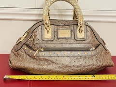 Versace Ostrich Quilted Satchel Top Handle, Braided Handles, Zip, Gold Hardware