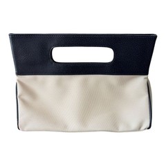 Two-Tone Canvas and Navy Faux Leather Cut-Out Handle Clutch