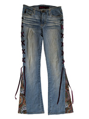 Vintage Y2K Mudd Lace Up Flare Jeans Paisley Tapestry Tie Size 27 Low Rise