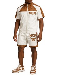 MCM Leather Tracksuit Shirt Jacket & Short Set Luxury Streetwear White & Brown