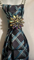 Women’s Blue & Gray Plaid Designer Neck Tie Necklace with Rhinestone Pendant