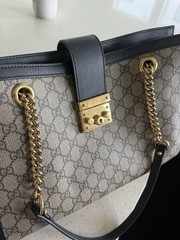 Gucci GG Padlock Medium Top Handle Bag Beige Black Gold Lock Chain Strap