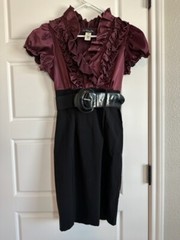 Volume One Dress Juniors Size L Purple Black Ruffled Bodice Belted TX14