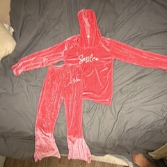 Pink Velour 2pc Sweatsuit Set Hoodie & Pants Pullover Hooded Women’s S