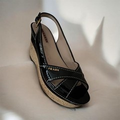PRADA Black Patent Leather Slingback Wedge Sandals Cork Heel Size EU 39