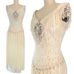 Y2K 90s Lace Midi Dress Sheer Pleated Pearl Beaded Fringe Cottagecore Bridal