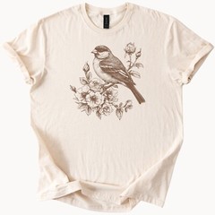 Bird and Floral Sketch Tee Sparrow Graphic T-shirt Nature Shirt