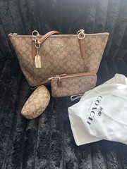 Coach Signature Brown and Tan Tote, Wallet, EyeGlass Case, and Storage Bag