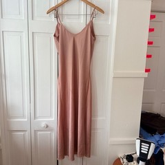 Y2K Satin Cowl Neck Midi Slip Dress Dusty Rose Pink Cocktail Formal Event Dress