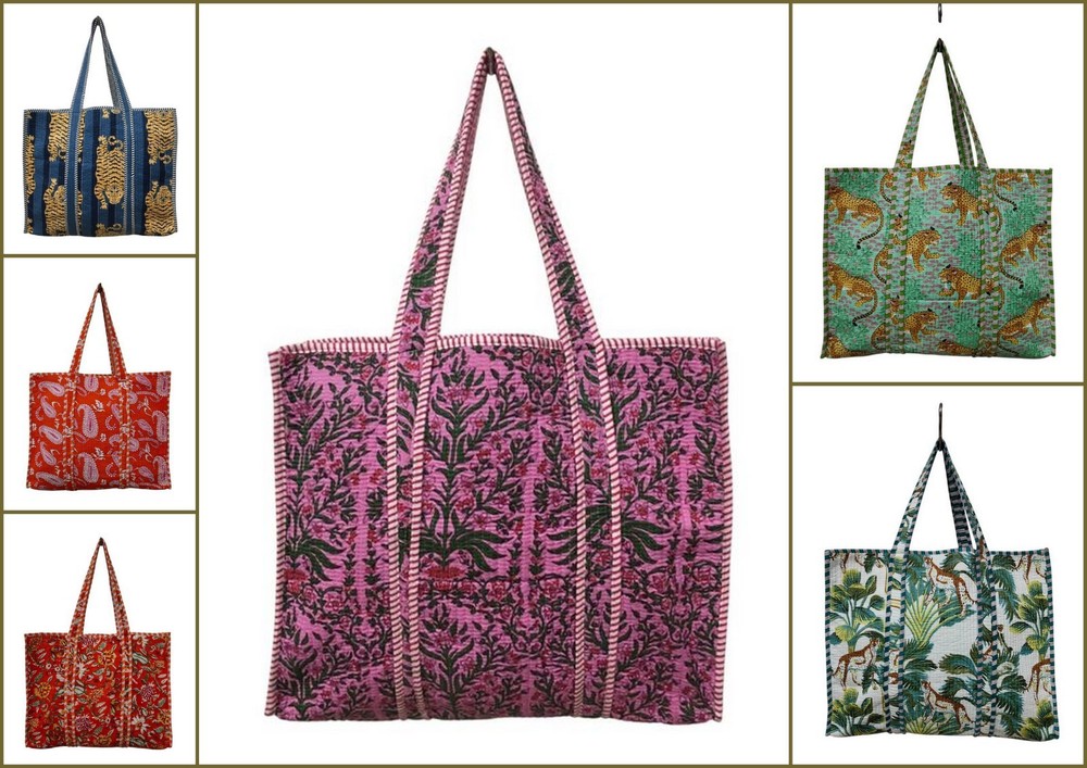 5 pcs cotton print quilted tote traveling bag handmade long handle travel bags