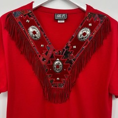Vintage Western Top Shirt Size Large Stretch Embroidered Suede Fringe Concho USA