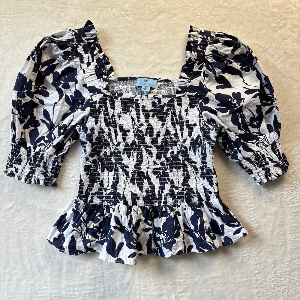 CeCe Smocked Peplum Top Women Sz Medium Navy Floral Print Puff Sleeve Blouse
