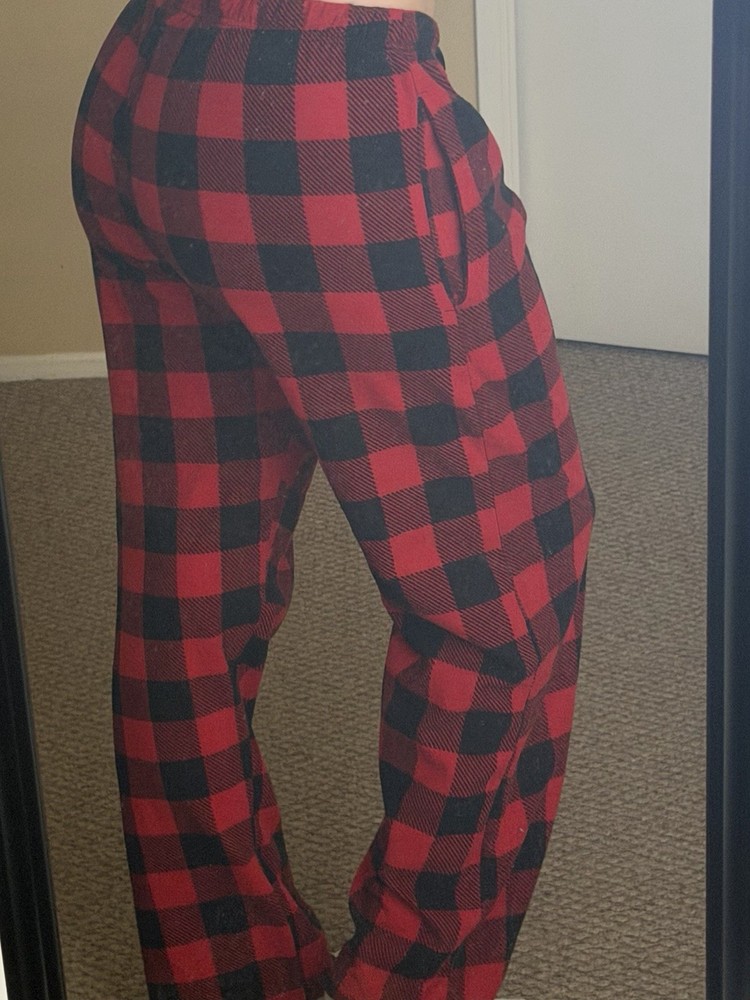 Unisex Red & Black Plaid Pajama Pants Button Closure Flat Front