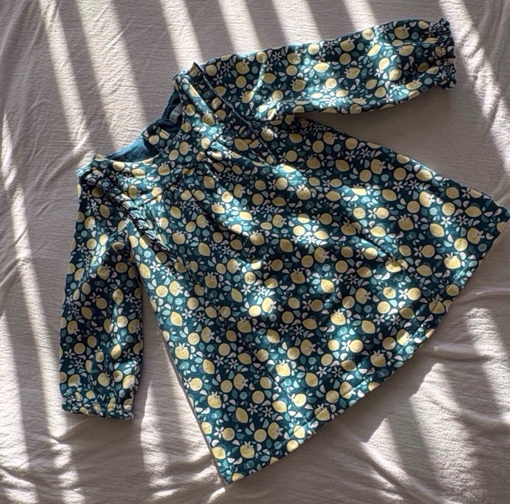 Obaïbi Girls 12M Blue/Yellow/White Floral A-Line Dress Long Sleeve Cotton