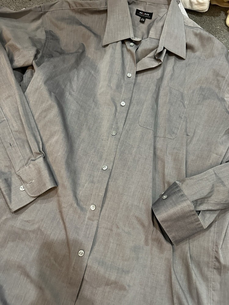 Axcess Men’s Gray Solid Long Sleeve Button-Up Shirt Point Collar Pockets 2XL