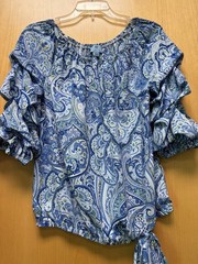 CeCe Paisley Ruffle Sleeve Blouse Top, Blue/White/Green, Tie Hem, Size S