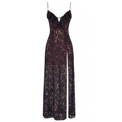 House of CB London MALIA NIGHT Shade Lace Maxi Dress Plum Ruffle Slit Formal S