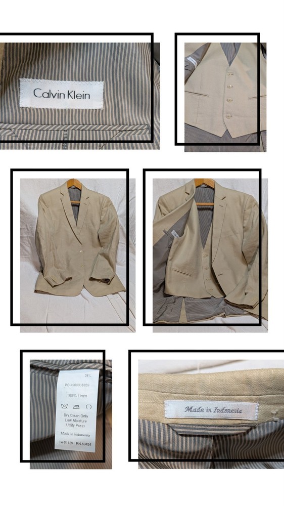Calvin Klein Men’s 38L 100% Linen Suit Jacket & Vest Set Beige Lightweight