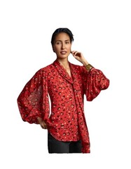 Chico’s Blouse Womens 3 Red Leopard Heart Sheer Top Tie Neck Long Sleeve NWT
