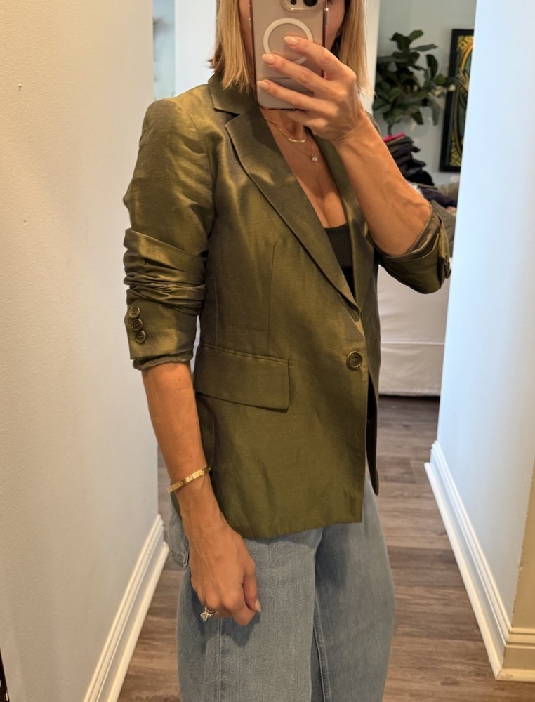 Vintage Emanuel Ungaro Green Iridescent Linen Blend Blazer Jacket Sz 2