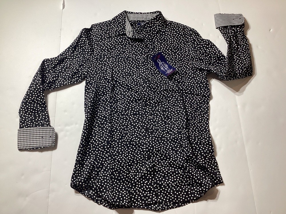 Women’s CHAPS NO IRON BLACK WHITE POLKA DOT BUTTON-UP TOP SHIRT SZ SMALL NEW