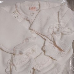 Renzo Baby Layette Set White Knit Sweater Hat Booties Machine Washable 3 Piece