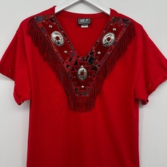 Vintage Western Top Shirt Size Large Stretch Embroidered Suede Fringe Concho USA