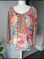 Fig & Flower Floral Mixed Print Boho Peasant Blouse Sheer Orange Size L